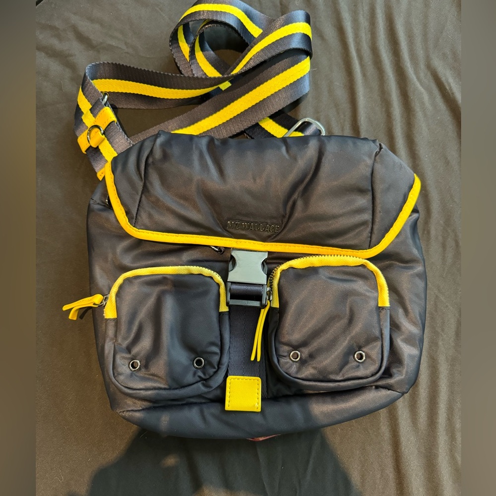 MZ Wallace Casual Nylon Crossbody Bag Navy Blue with Yellow Piping